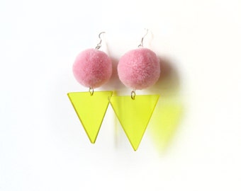 Pink Pom Earrings, Laser Cut Acrylic Pom Pom Earrings, Neon Yellow Triangle Earrings, Party Fluffy Earrings, Disco 80s Fancy Earrings