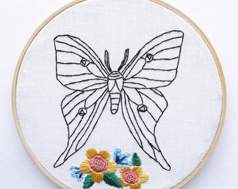 Luna Moth Woodland Baby Nursery Wall Decor Modern Embroidery Art with Embroidered Wildflowers in Wooden Hoop // Ready to Ship Home Decor
