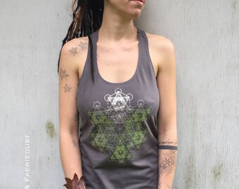 Womens grey SACRED GEOMETRY Yoga Tank Top, Ladies silver Metatron Cube Shirt, metaphysical printed Workout Tank, Tribal Sacred Geometry Tee