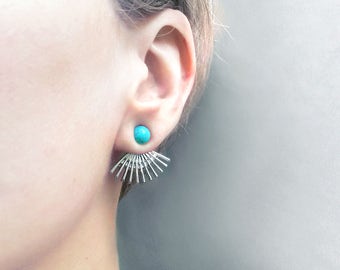 Boho turquoise ear jackets | Sunburst silver earrings | Boho turquoise earcuff | Mint behind back earrings ear cuff | Turquoise jewellery
