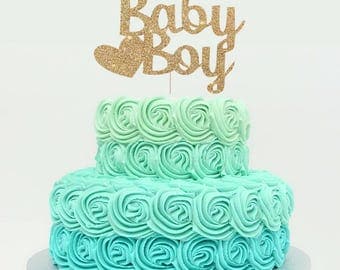 Baby Boy Cake Topper for Baby Shower, Gender Reveal Party, Birthday Party - Gold Glitter Cupcake and Cake Topper, Newborn Little One