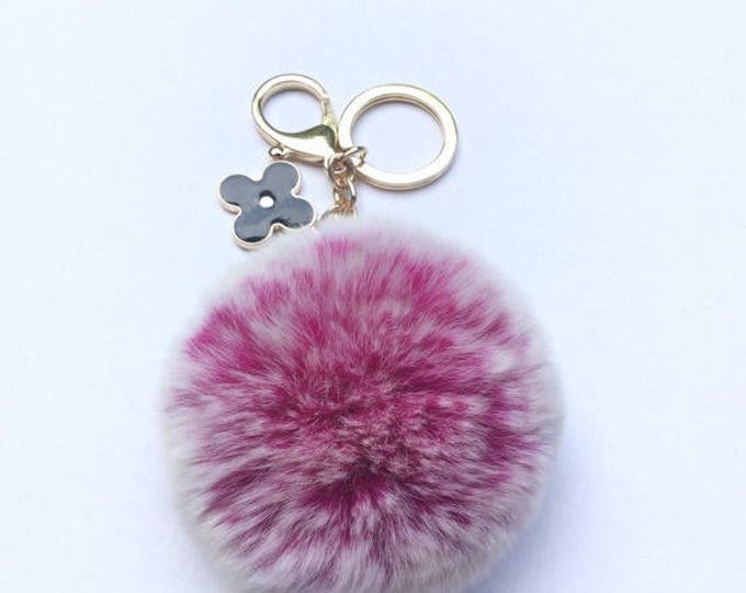 Pom-Perfect Hot Pink frosted REX Rabbit fur pom pom ball with black flower keychain