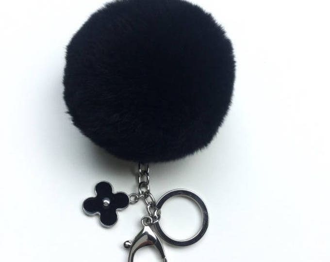 Pom-Perfect Black REX Rabbit fur pom pom ball with black flower keychain