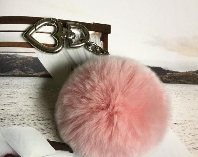 Light pink frosted pompom keychain REX Rabbit fur pom pom ball with heart buckle clasp