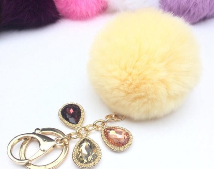 Customer request inspired CREAM fur pom pom keychain Rabbit real fur puff ball
