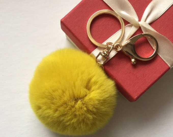 Fur pom pom keychain fur ball bag pendant charm made from Rex Rabbit Fur in Vivid Yellow