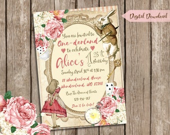 Alice in Wonderland Invitation 1st Birthday Party