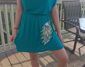 Upcycled dress with Grateful Dead inspired lighting bolt appliqué