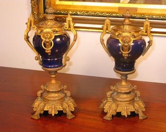 Antique Victorian French Belle Epoch Pair Of Blue Enamel Gilt Bronze Ormolu Urns C1880