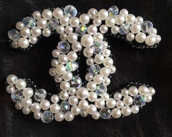 Inspired by Chanel pearl embroidered coco pin handmade jewerly cc logo brooch