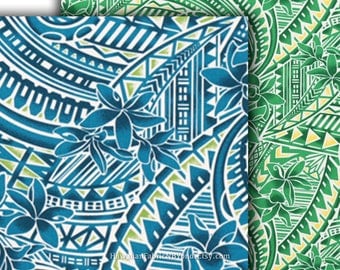 Tattoo Fabric Polynesian Tribal Tapa and Floral, Green Teal-Blue, HPCN10197/HPCN10198, Ask for Bulk