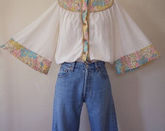Vintage 1960's 1970's Cotton Gauze Angel Sleeve Blouse, Size-M/L