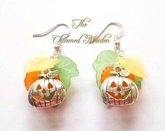 Pumpkin Patch Earrings, Pumpkin Earrings, Halloween Charm Earrings, Jack O Lantern, Wiccan Autumn Earrings, Pagan, Samhain, Wicca, Leaves