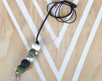 Polymer clay bead beaded lanyard, long keychain keyring. Spanish olive leopard.