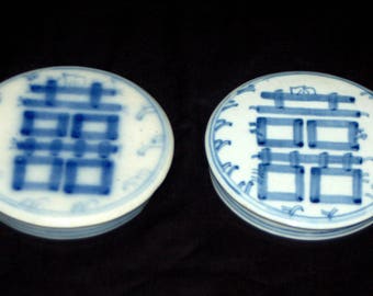 Chinese Porcelain Blue & White GINGER JAR LIDS Double Happiness Shangxi Large Canton