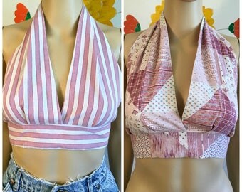 70's Reversible Halter Top/Ties In Back/Pink, Maroon, And White/Vintage Halter/Cotton/1970's