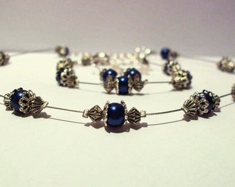 Necklace, bracelet and earrings set silver and midnight blue