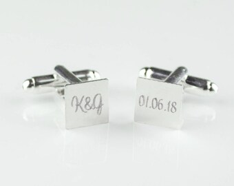 Father's day gift from wife, Minimalist Monogram, Engraved personalized square silver cufflinks, Groom, personalized cufflinks wedding