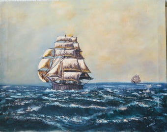 Two Full-Masted Tall Ships at Sea, an original oil painting by M Boesé.