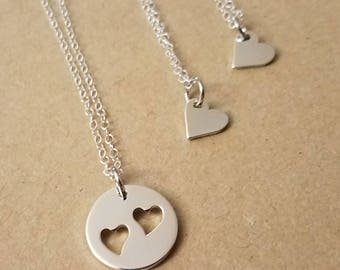 Mother and Daughter jewelry,Mother and two daughters necklace,Heart cutout charm necklace,Sterling Silver