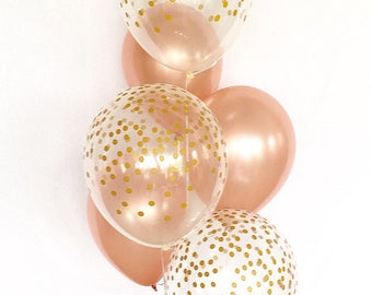 Rose Gold and Clear Gold Confetti Latex Balloons~First Birthday~Wedding~Bridal Shower~Birthday~Rose Gold Balloon~Gold Confetti Look Balloon