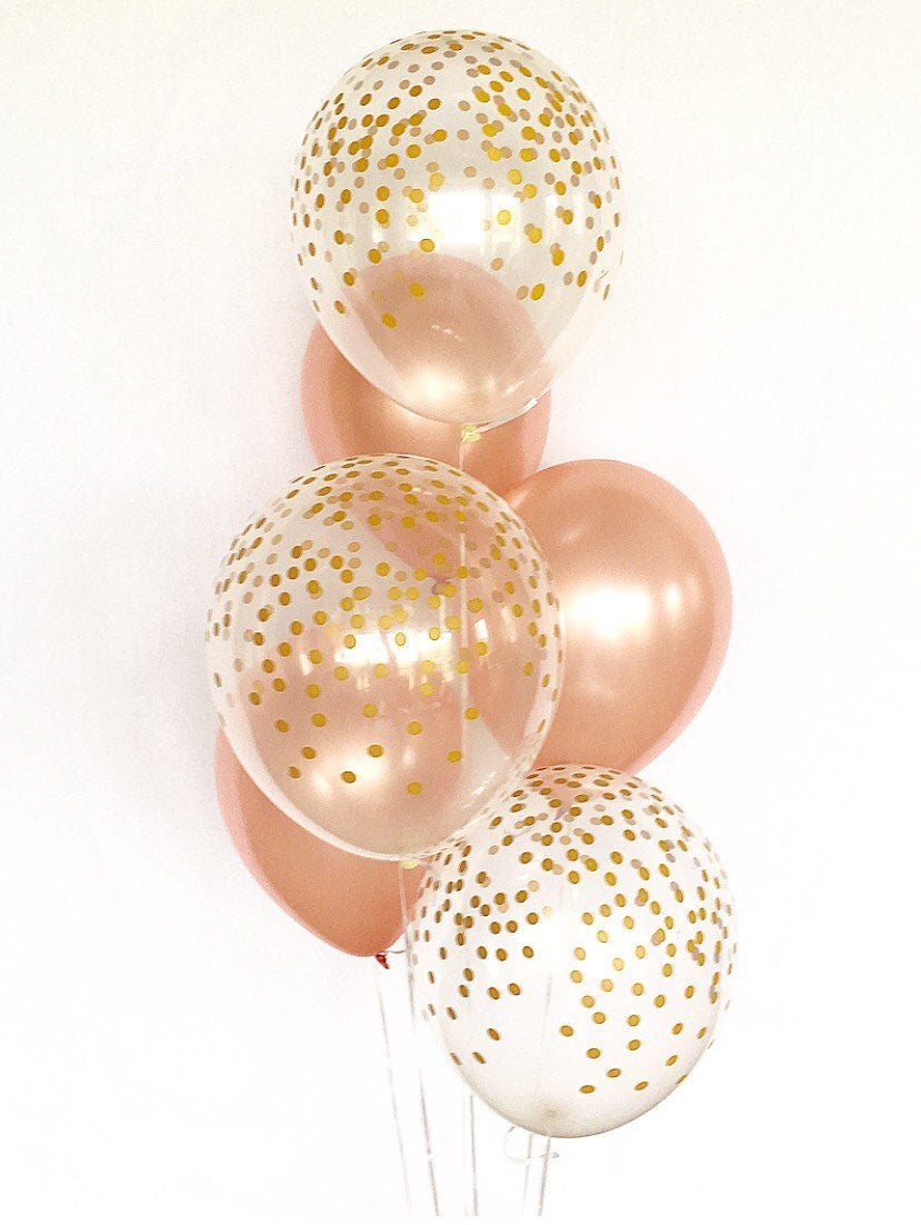 Rose Gold  and Clear Gold  Confetti Latex BalloonsFirst