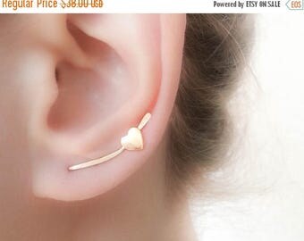 SALE - Ear Crawler Earrings - Gold Ear Climber Earrings - Heart Climber Earrings - Unique Ear climber - Heart Charm Earrings - Ear Sweep Ear