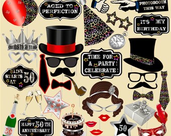 Fiftieth birthday 50th birthday photo booth props birthday photobooth birthday party hats black and silver props printable props party