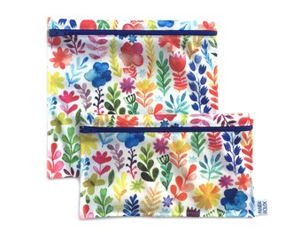 Sacs à sandwich et collation réutilisables - Fleurs Aquarelle - Reusable bags - 1 snack bag 1 sandwich bag - Watercolor Flowers