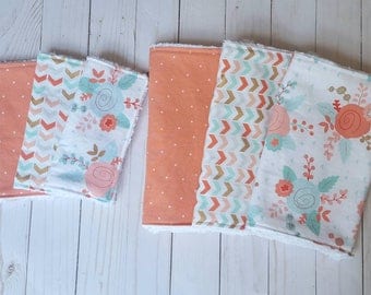 Coral and Mint Baby Gift Set- matching burpcloth and washcloth, baby girl gift, burp cloths girl, baby washcloths, baby shower gift girl