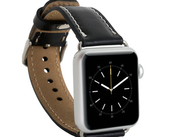 Apple Watch Band,  Husband Gift, Apple Watch Leather Band 38 mm, 42mm for Series 1 and Series 2 in Rustic Black with White Stitches
