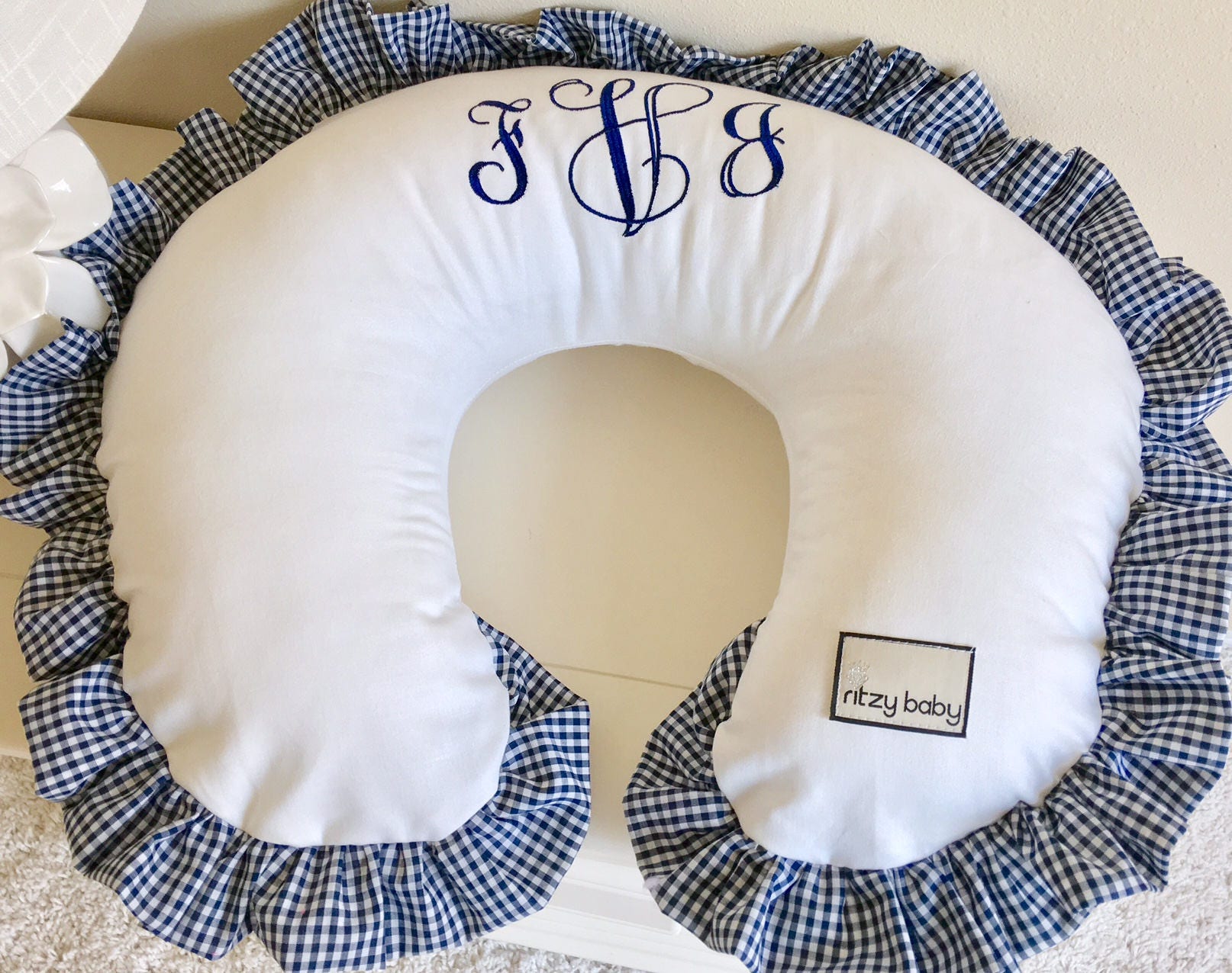 White with Navy Gingham Boppy Cover Girl Boppy Covers