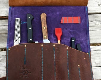Chef Knife Roll, Amethyst Waxed Canvas, Leather Knife Roll, Utility Roll, Camping, Hunting, RV Living, Chef Knife Roll, New Orleans, Roll Up