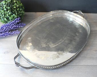 Large Vintage Silver Plated Tray Handled Oval Silver Gallery Tray Pierced Sides Chase Design EP Brass