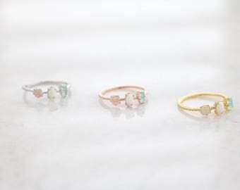 3 Natural Stone Ring, Moon Stone Ring, Dainty, Delicate, Rose Stone Ring, rings for women, For Her, Gift for Girlfriend, Pink Stone Ring
