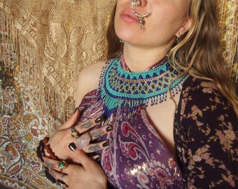 Blue Tribal Mexican traditional glass beaded necklace