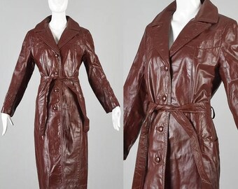 SALE Small 1970s Leather Trench 70s Oxblood Leather Coat Vintage Leather Trench Coat Outerwear Outer Wear Reddish Brown Leather Trench Coat