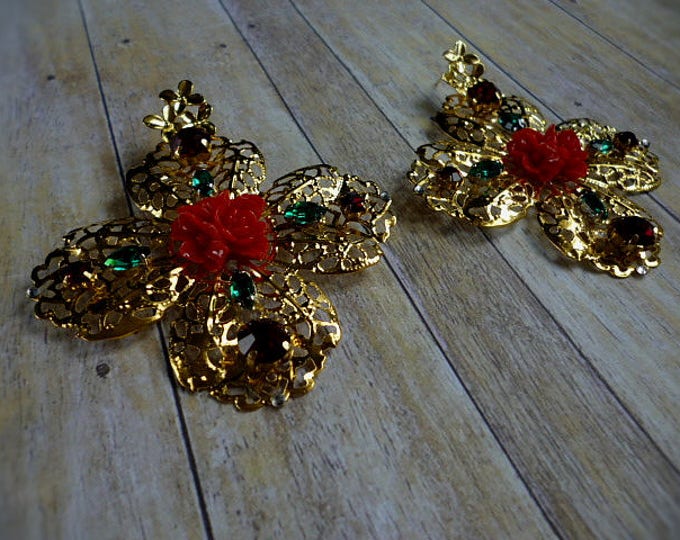 italian earrings Gold Dolce Red Green Cross Flower Earrings Filigree Wedding Dangle Earrings Baroque dangling earrings Bridal Jewelry luxury