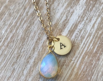 Birthstone Initial Necklace, October Birthstone Pendant, Personalized Gemstone Necklace, Custom Birthstone jewelry, mom necklace, opal