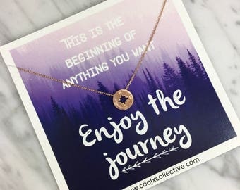 Compass necklace, grad gift, graduation gift, travel, wanderlust, enjoy the journey, promotion, new job, grad school, inspirational gif