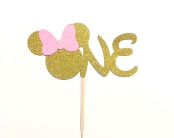 1 pc ONE Minnie Mouse Head Pink Gold Glitter Cake Topper for first Birthday Baby girl