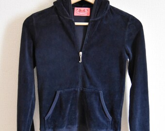 Vintage Juicy Couture Velour Zip Hoodie Track Jacket Top Sweater Yoga Navy Blue, late 90s, S Small, Made in USA, Hooded Tracksuit Sportswear