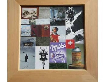 Paintings in Vintage collage made with newspaper clippings and old magazines on the theme of the mountain.