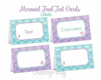 Mermaid Food Tent Cards, Mermaid Party Decorations, Mermaid Birthday/Shower, Editable Food labels, Aqua and Purple, Under the Sea, Digital F