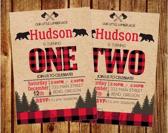 Lumberjack Birthday Invitation, Lumberjack first birthday invitation, 5"x7" printable invite, Buffalo Plaid Invitation, Digital File.