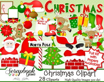 CHRISTMAS Clipart, 28 png Clipart files Instant Download winter christmas tree presents gifts santa claus gingerbread ornament candy cane