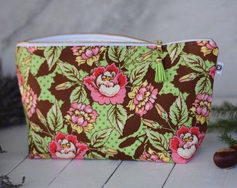 Extra Large Water Resistant Bag | Flower Garden | Make-Up Bag, Zipper Pouch, Wet Bag, Travel Bag, Cotton