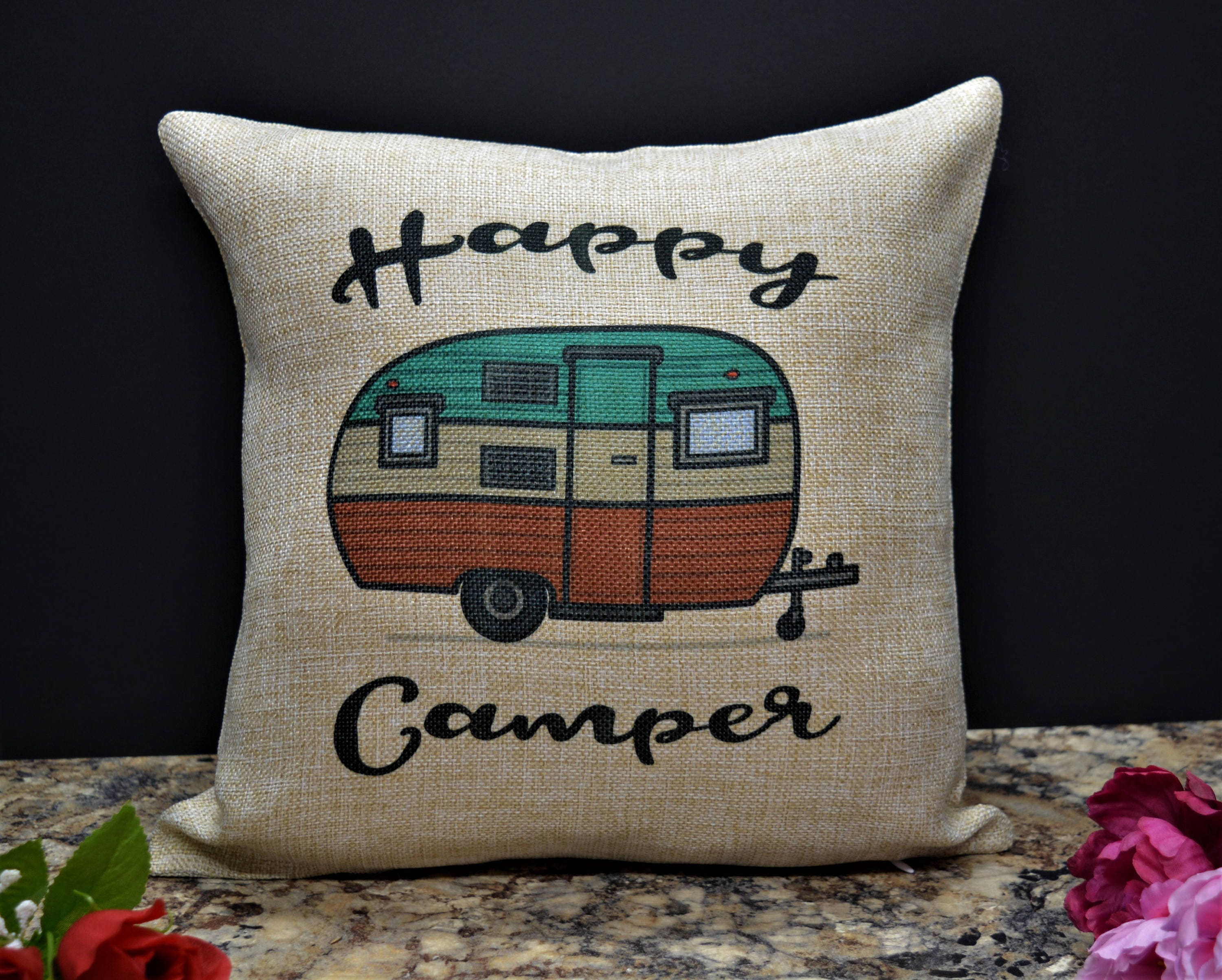 Happy Camper Pillow. Burlap camping pillow. Happy camping.