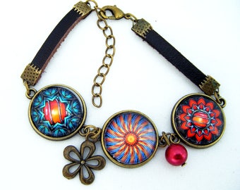 Lovely bracelet three different mandalas with leather bracelets