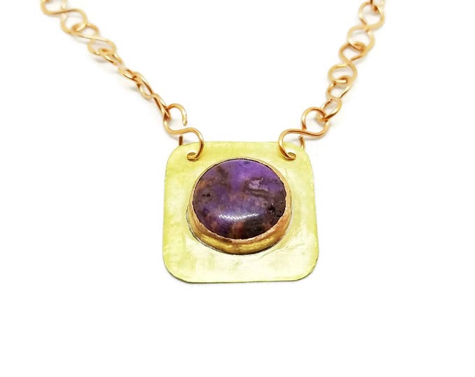 Purple Crazy Lace Agate Pendant, Mixed Metal Agate Necklace, Copper & Brass Gemstone Pendant, Unique Birthday Gift